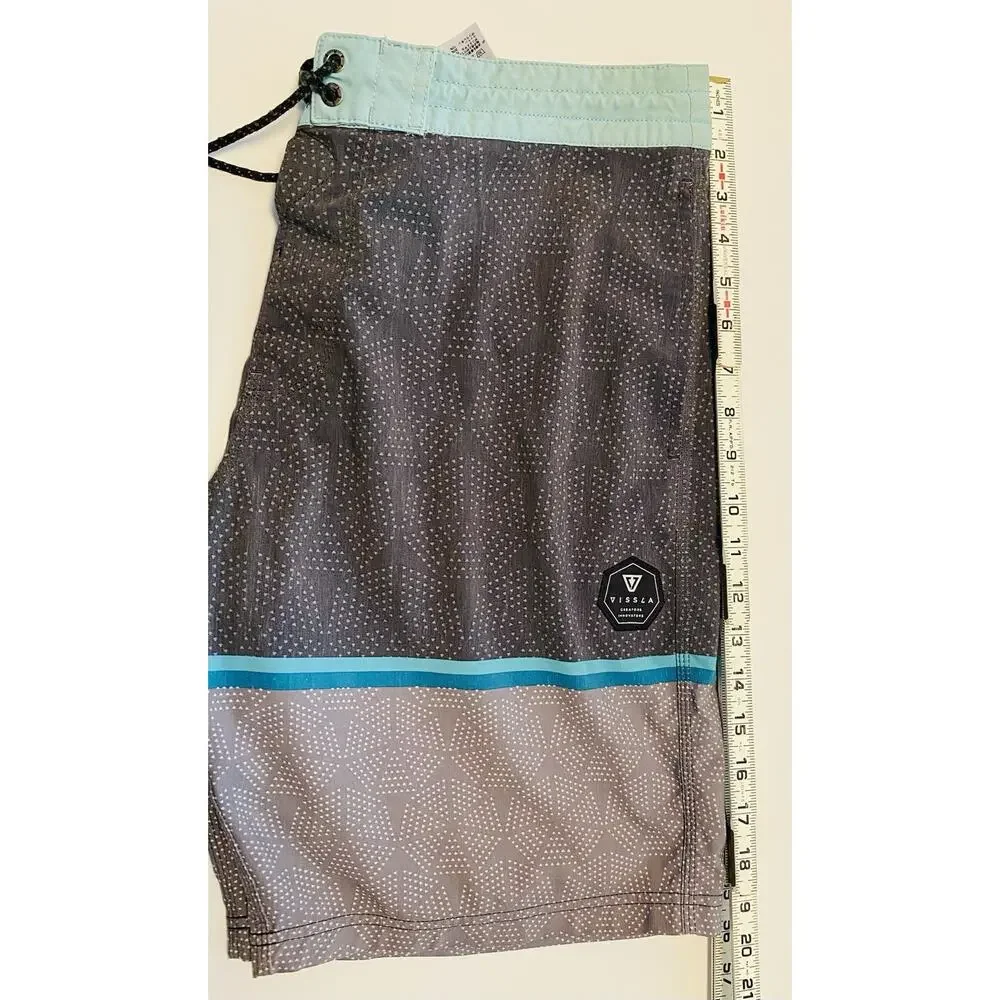 Vissla Mens Geometric Board Shorts Teal Charcoal Upcycled Coconut Stretch 34